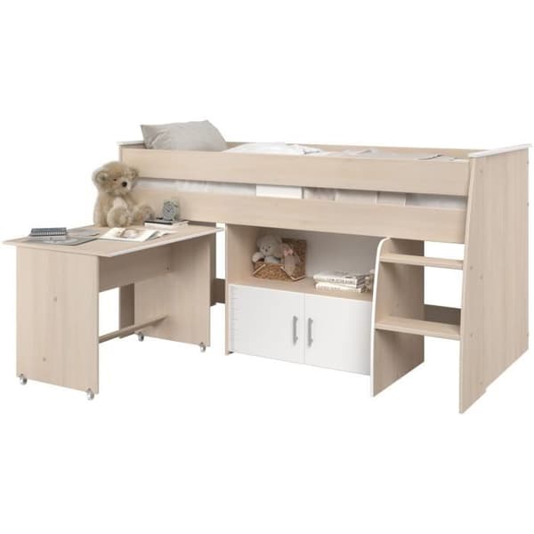 Parisot ZOLA kombinerad barnsäng 90x200 cm - 2 dörrar - Med skrivbord - Ljus och vit akaciadekor