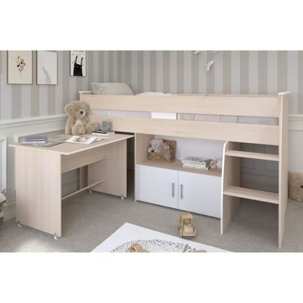 Parisot ZOLA kombinerad barnsäng 90x200 cm - 2 dörrar - Med skrivbord - Ljus och vit akaciadekor