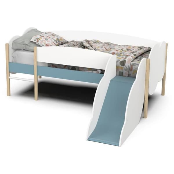 DEMEYERE Lit toboggan - 90 x 200 cm - Ribbställning - 2 Lådor - Vit och blå dekor