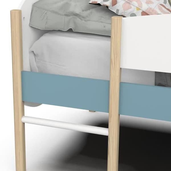 DEMEYERE Lit toboggan - 90 x 200 cm - Ribbställning - 2 Lådor - Vit och blå dekor