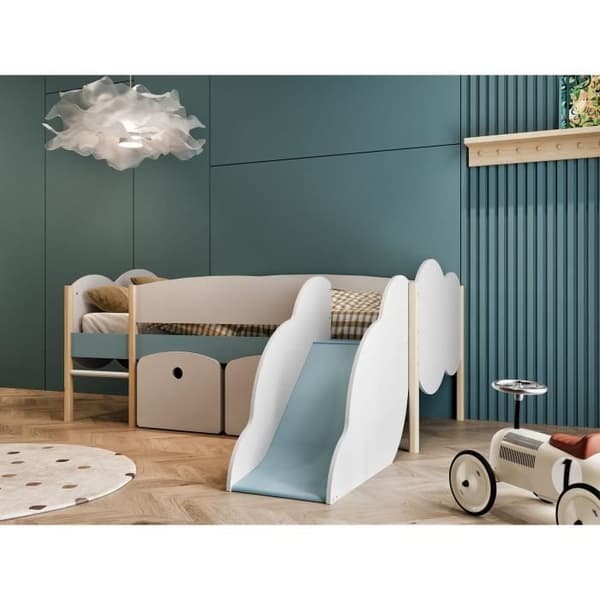 DEMEYERE Lit toboggan - 90 x 200 cm - Ribbställning - 2 Lådor - Vit och blå dekor