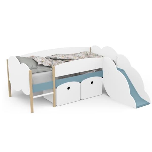DEMEYERE Lit toboggan - 90 x 200 cm - Ribbställning - 2 Lådor - Vit och blå dekor