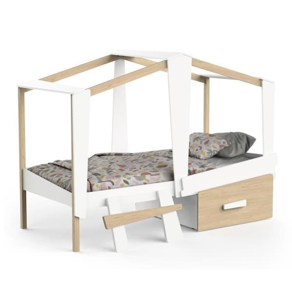 DEMEYERE Barnsäng för barn med stor låda - 90 x 200 cm - Matt vit och ek - Sängbotten ingår