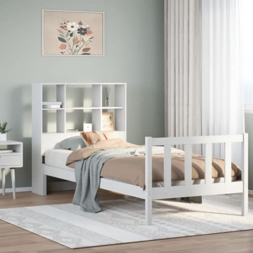 Säng med bokhylla utan madrass vit 90x190cm massiv furu
