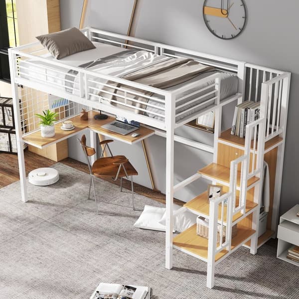 Køjeseng 90x200 cm - med skrivebord og garderobe - strygejern og spånplade - Hvid
