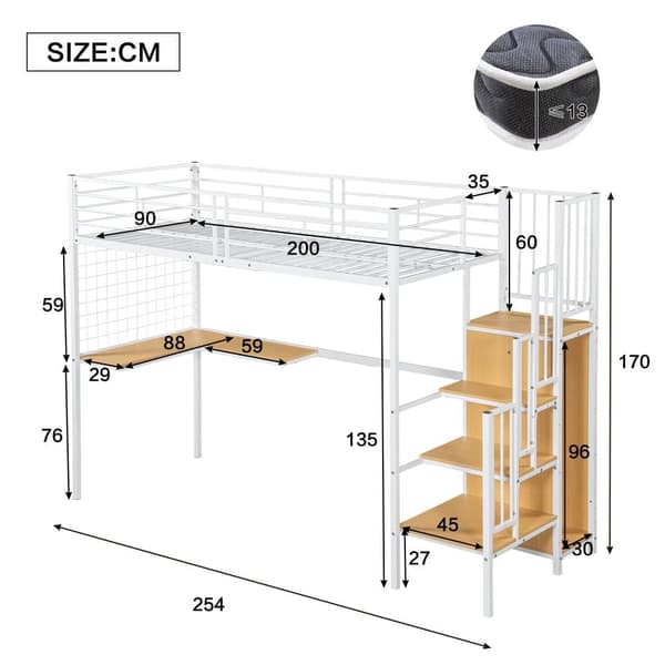 Køjeseng 90x200 cm - med skrivebord og garderobe - strygejern og spånplade - Hvid