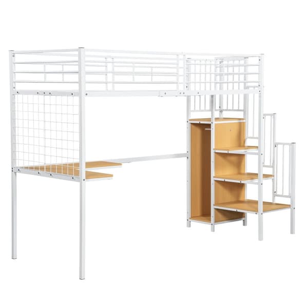 Køjeseng 90x200 cm - med skrivebord og garderobe - strygejern og spånplade - Hvid