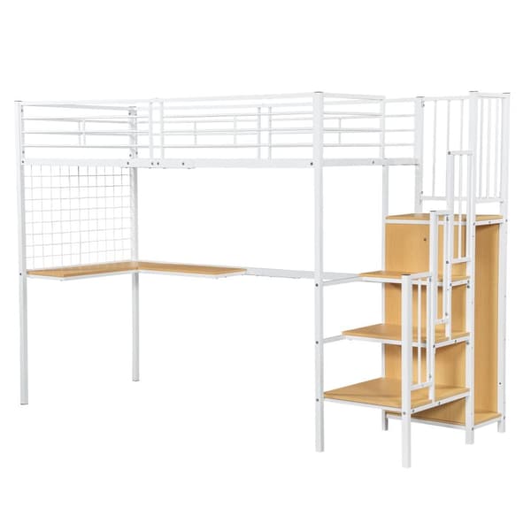 Køjeseng 90x200 cm - med skrivebord og garderobe - strygejern og spånplade - Hvid