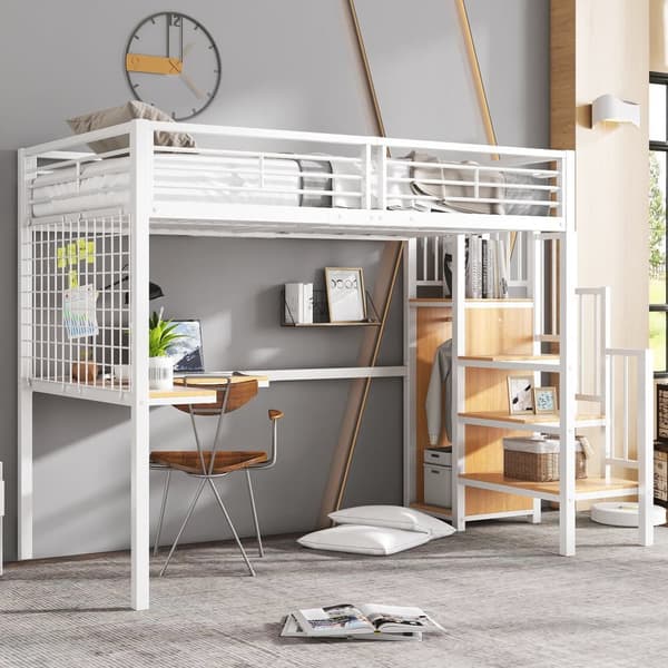 Køjeseng 90x200 cm - med skrivebord og garderobe - strygejern og spånplade - Hvid