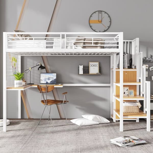 Køjeseng 90x200 cm - med skrivebord og garderobe - strygejern og spånplade - Hvid