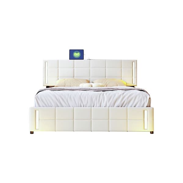 Vadderad säng 140*200 cm, med LED-ljus, 4 lådor, platt enkel vadderad säng i mjukt linne Beige