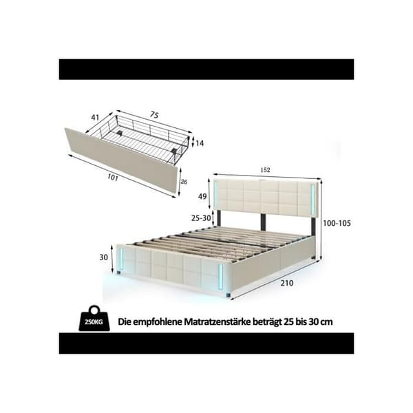 Vadderad säng 140*200 cm, med LED-ljus, 4 lådor, platt enkel vadderad säng i mjukt linne Beige