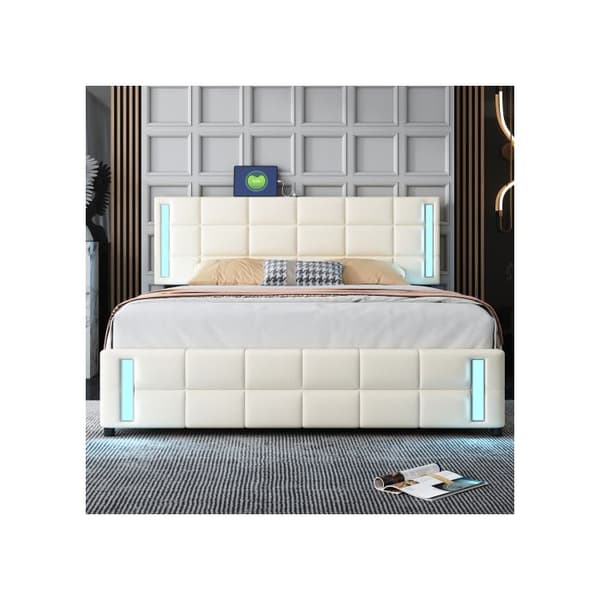 Vadderad säng 140*200 cm, med LED-ljus, 4 lådor, platt enkel vadderad säng i mjukt linne Beige