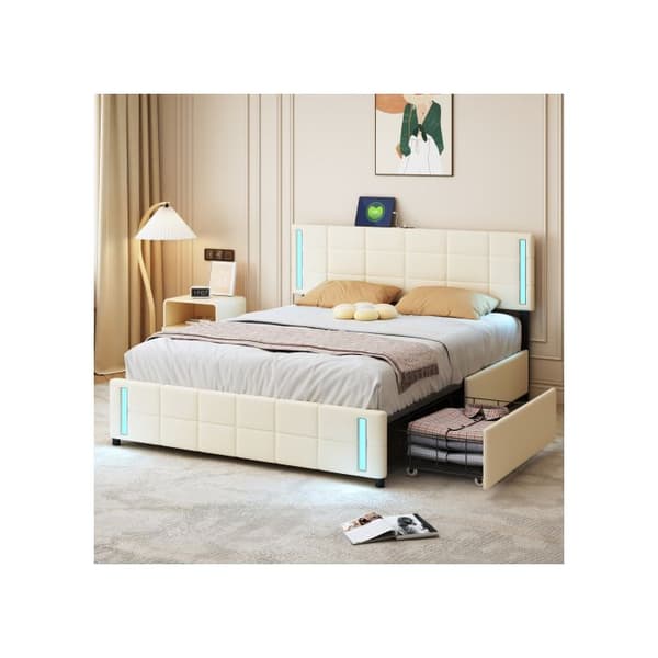 Vadderad säng 140*200 cm, med LED-ljus, 4 lådor, platt enkel vadderad säng i mjukt linne Beige