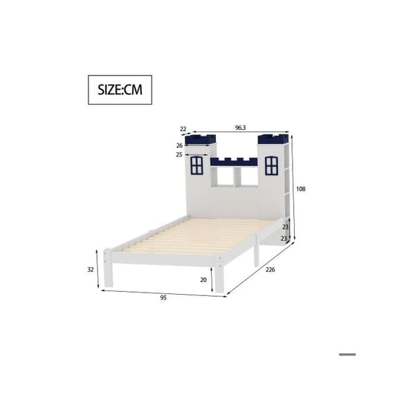 Säng i massivt trä 90x200, slottsform, flera förvaringsutrymmen, ribbotten, barnsäng, vit