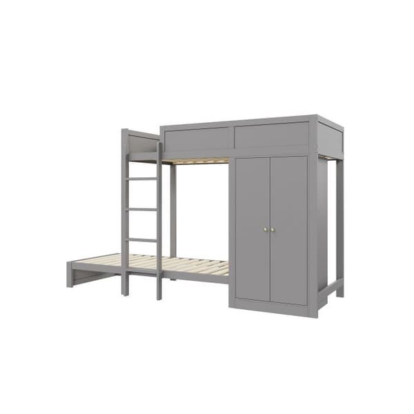 Sängövertäckt, 90*200 cm, med vertikal säkerhetstrappa, garderob, design med hög barriär, ribbotten, grå