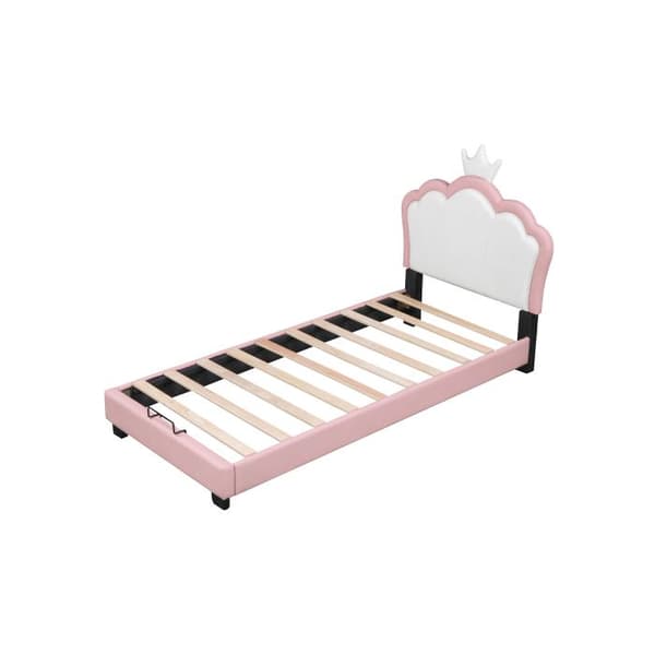 Säng med mått 90*200 cm med ribbotten och ryggstöd, tjej-säng i kronform, rosa (madrass ingår ej)