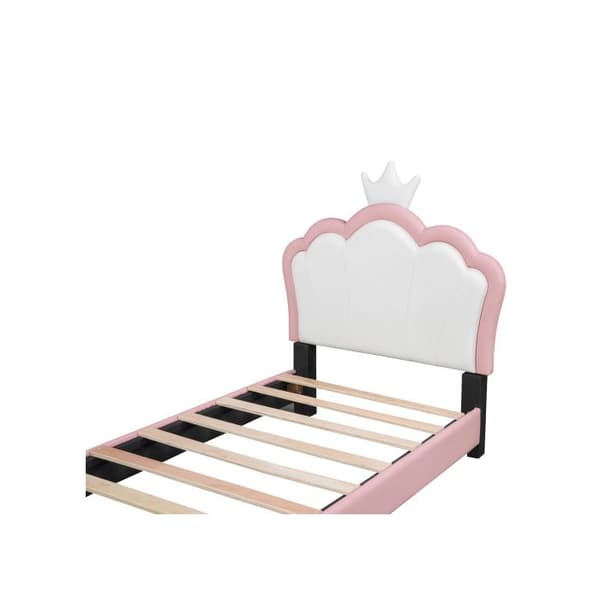 Säng med mått 90*200 cm med ribbotten och ryggstöd, tjej-säng i kronform, rosa (madrass ingår ej)