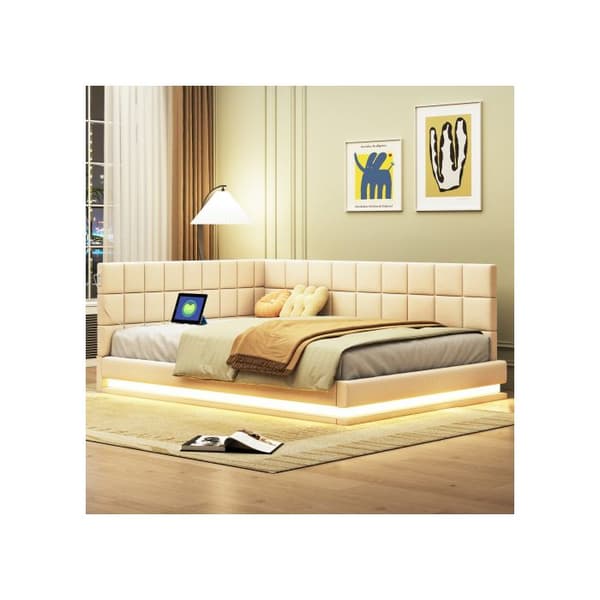 Uppfällt soffbed 140*200 Multifunktionell säng med LED-lampor, USB-port och ribbotten.
