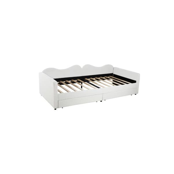 Barnsäng. Polstret säng 90*200 cm, bäddsoffa med 2 lådor, sängram i tyg med björnmönster vit.