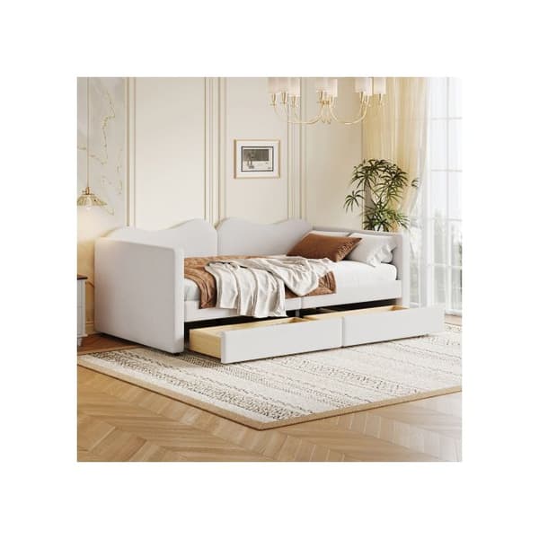 Barnsäng. Polstret säng 90*200 cm, bäddsoffa med 2 lådor, sängram i tyg med björnmönster vit.