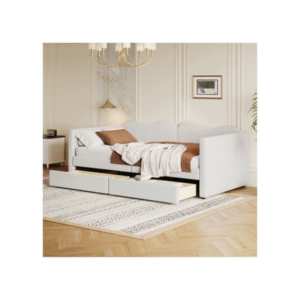 Barnsäng. Polstret säng 90*200 cm, bäddsoffa med 2 lådor, sängram i tyg med björnmönster vit.