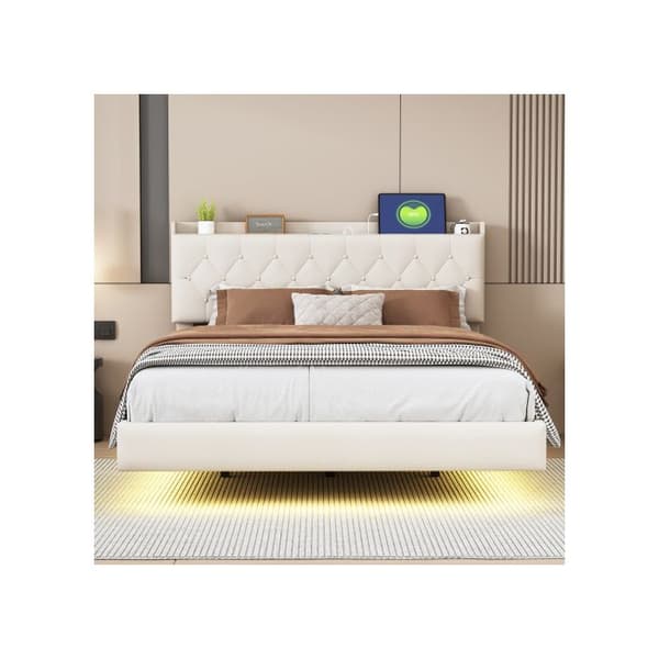 Säng med stoppning 140*200 cm med USB-laddningsport och LED-remsor med färgväxling, beige ribbotten.