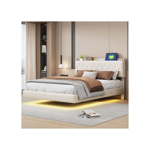 Säng med stoppning 140*200 cm med USB-laddningsport och LED-remsor med färgväxling, beige ribbotten.