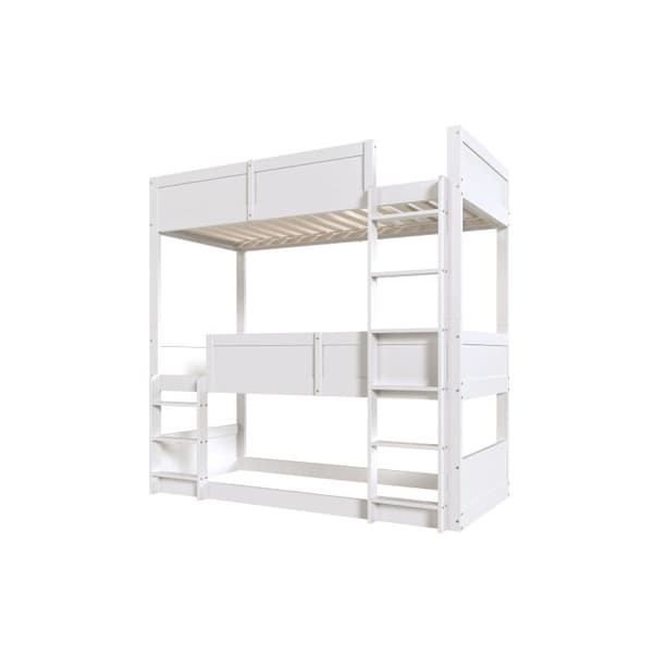 Lit tredubbel 90*200 cm, lister i massivt trä, upphöjd säng, design med hög stängsel, barnsäng, säng i trä, vit
