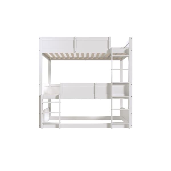 Lit tredubbel 90*200 cm, lister i massivt trä, upphöjd säng, design med hög stängsel, barnsäng, säng i trä, vit