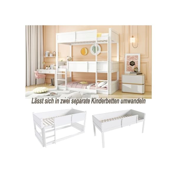 Lit tredubbel 90*200 cm, lister i massivt trä, upphöjd säng, design med hög stängsel, barnsäng, säng i trä, vit