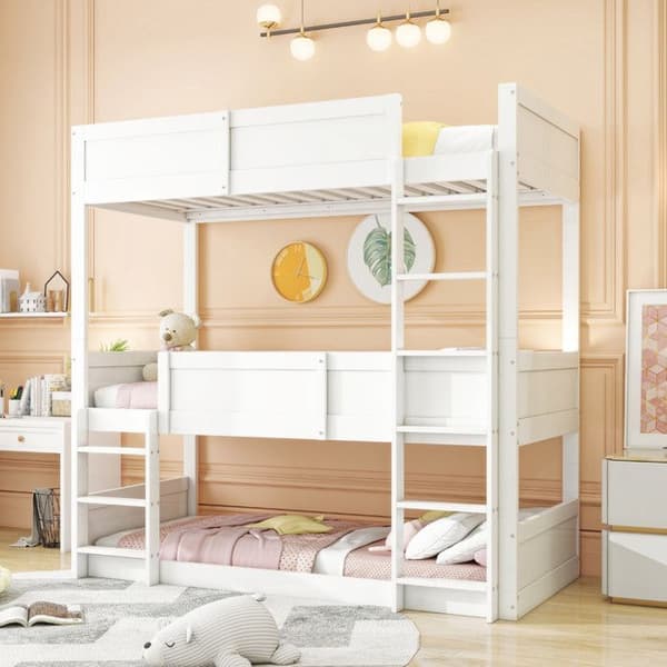 Lit tredubbel 90*200 cm, lister i massivt trä, upphöjd säng, design med hög stängsel, barnsäng, säng i trä, vit