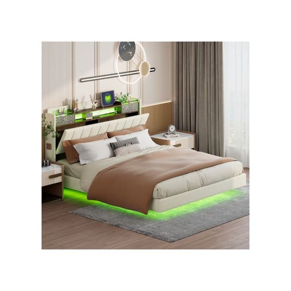 160*200-tums Lit med vaddering, LED-belysning och USB-uttag, sänggavel med förvaring, linne, beige