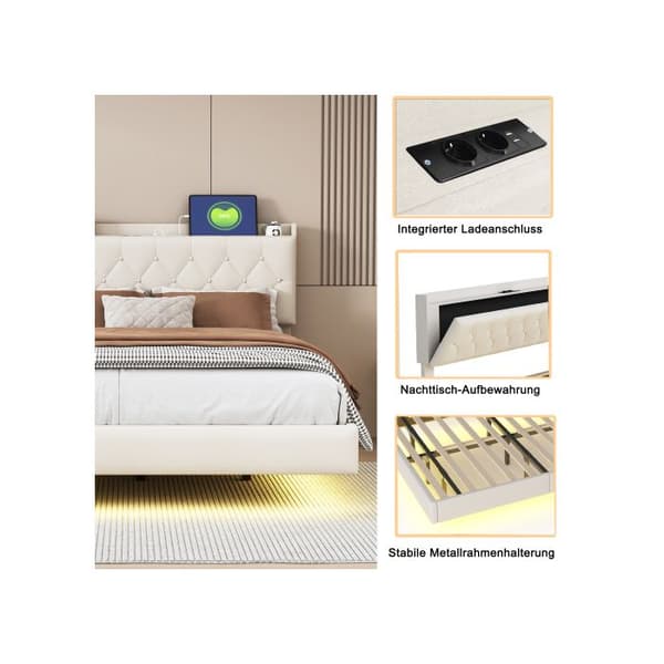 Polstrad säng 160*200 cm, med USB-laddning och LED-remsa med färgändring, sängbotten i beige.