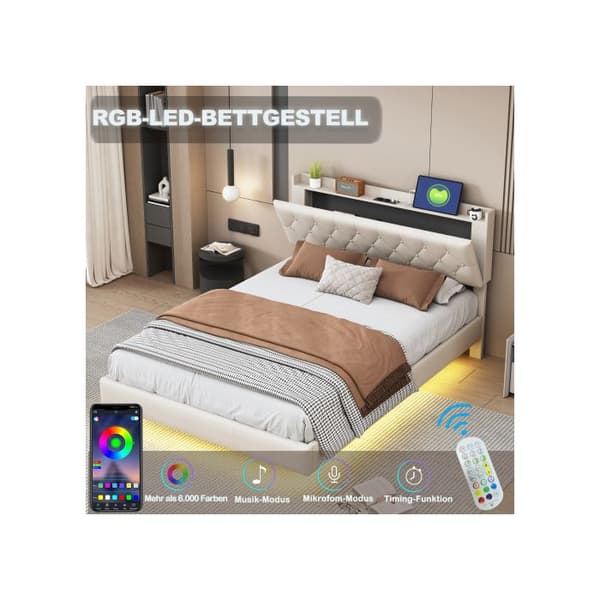 Polstrad säng 160*200 cm, med USB-laddning och LED-remsa med färgändring, sängbotten i beige.