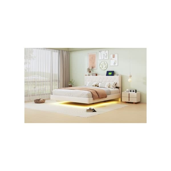 Polstrad säng 160*200 cm, med USB-laddning och LED-remsa med färgändring, sängbotten i beige.