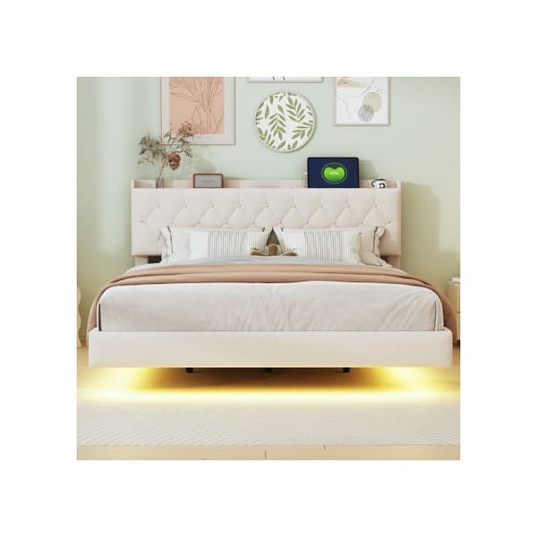 Polstrad säng 160*200 cm, med USB-laddning och LED-remsa med färgändring, sängbotten i beige.