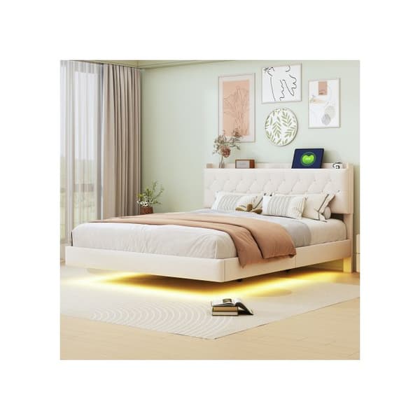 Polstrad säng 160*200 cm, med USB-laddning och LED-remsa med färgändring, sängbotten i beige.