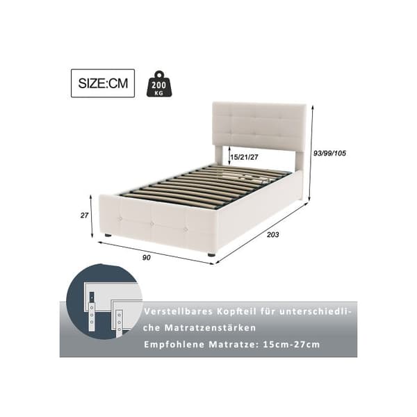 Säng barn 90x200 cm, hydraulisk förvaringssäng, justerbar sänggavel i höjd, beige