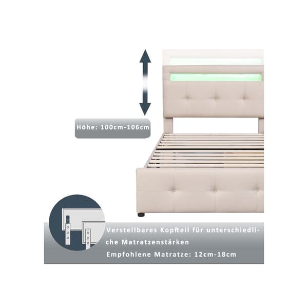 Säng med stoppning 90*200 cm, med LED-belysning, 2 lådor, klädsel i mjukt linne för huden (beige)