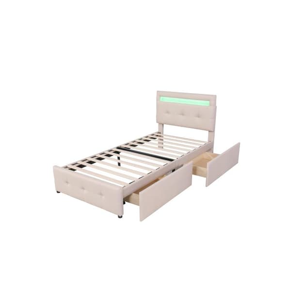 Säng med stoppning 90*200 cm, med LED-belysning, 2 lådor, klädsel i mjukt linne för huden (beige)