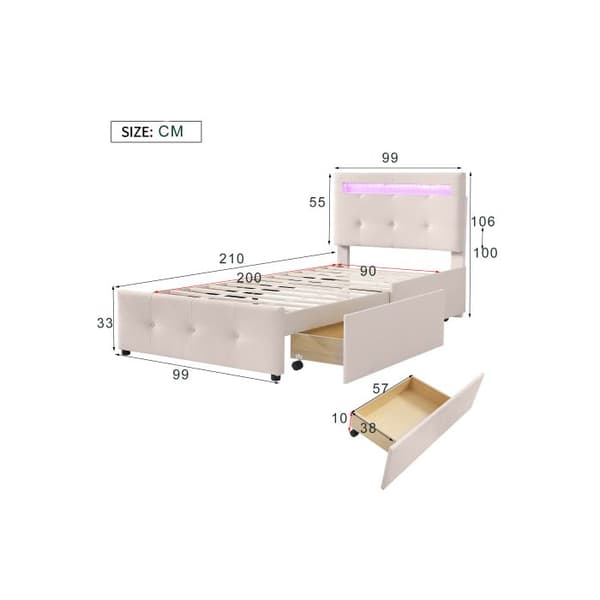 Säng med stoppning 90*200 cm, med LED-belysning, 2 lådor, klädsel i mjukt linne för huden (beige)