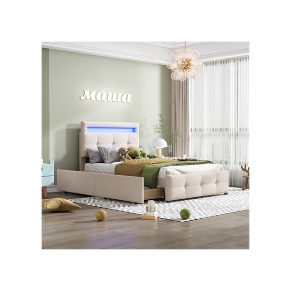 Säng med stoppning 90*200 cm, med LED-belysning, 2 lådor, klädsel i mjukt linne för huden (beige)