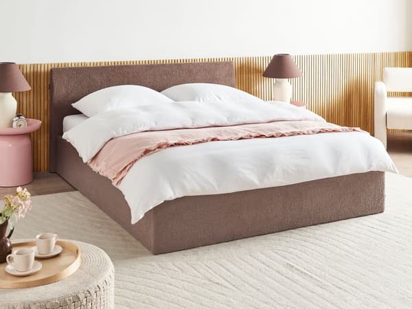 Seng Brun Boucle 180 x 200 cm Dekorativ Tre Kvart Seng med Sengegavl Halvanden Mands Kvalitetseng med Opbevaring Teenageværelse