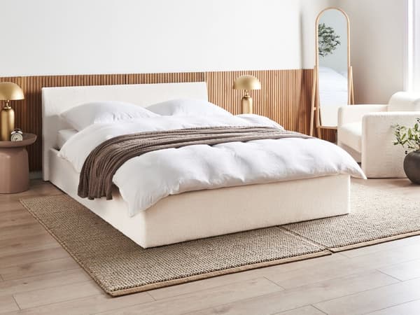 Seng Off White Boucle 160 x 200 cm Moderne To Mands Seng med Opbevaring Blød Sengegavl Dobbeltseng Sengeramme Retro Design