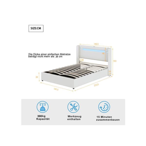 Säng med vadderad ram 140x200 med LED-band, Bluetooth-högtalare och USB-laddare, vit