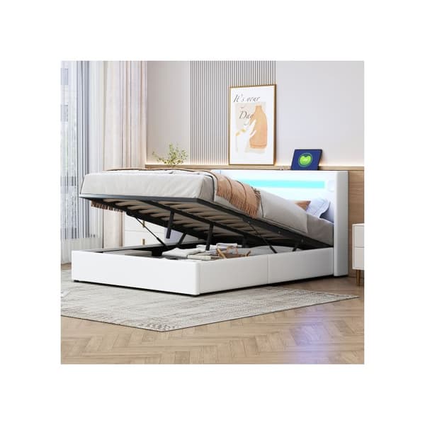 Säng med vadderad ram 140x200 med LED-band, Bluetooth-högtalare och USB-laddare, vit