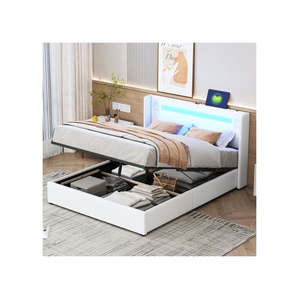 Säng med vadderad ram 140x200 med LED-band, Bluetooth-högtalare och USB-laddare, vit
