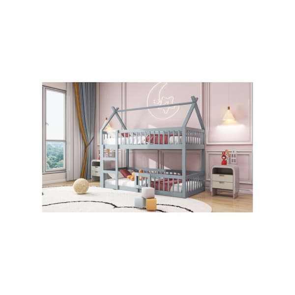 Översäng för barn 90*200, familjesäng för barn, våningssäng med trappa, loftdesign, grå.