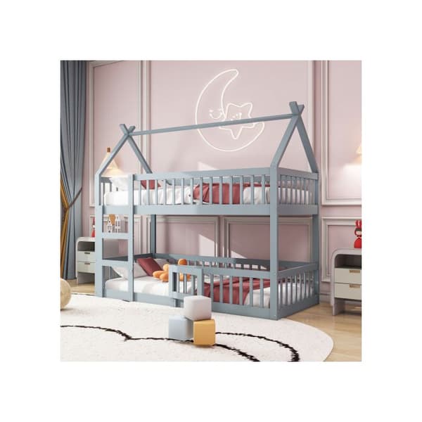 Översäng för barn 90*200, familjesäng för barn, våningssäng med trappa, loftdesign, grå.